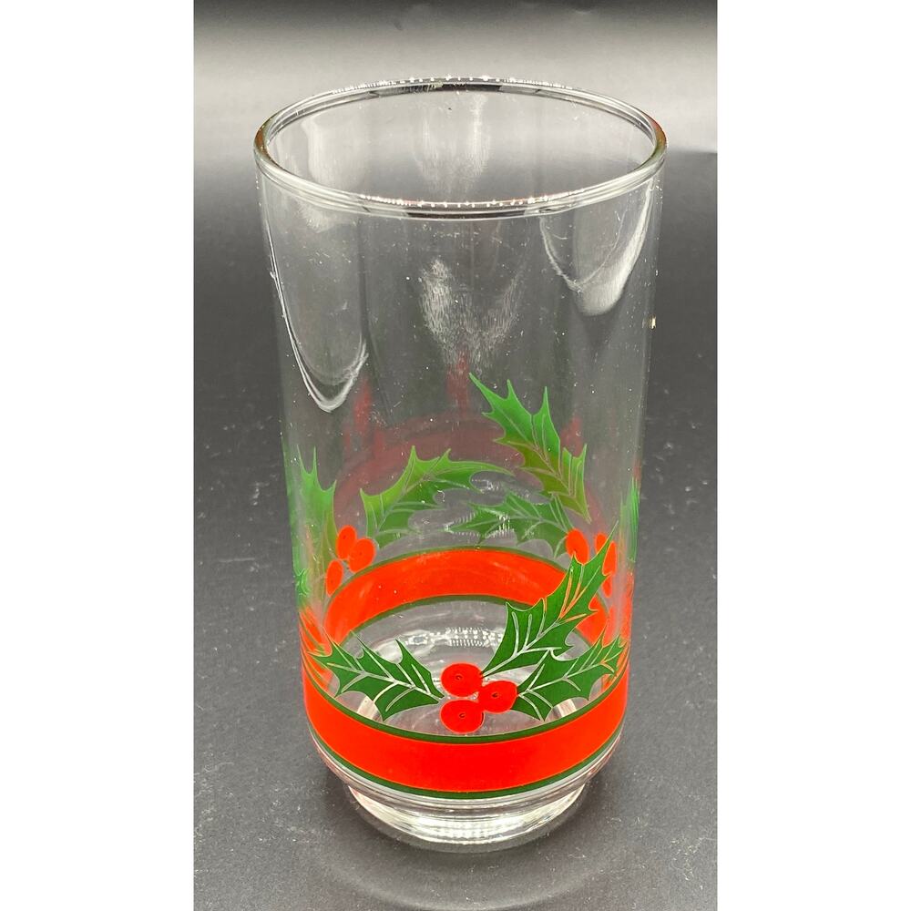 Set 6 Vintage 1980 Libbey Glass Tumbler Christmas Holiday Red Ribbon Holly - Picture 2 of 8